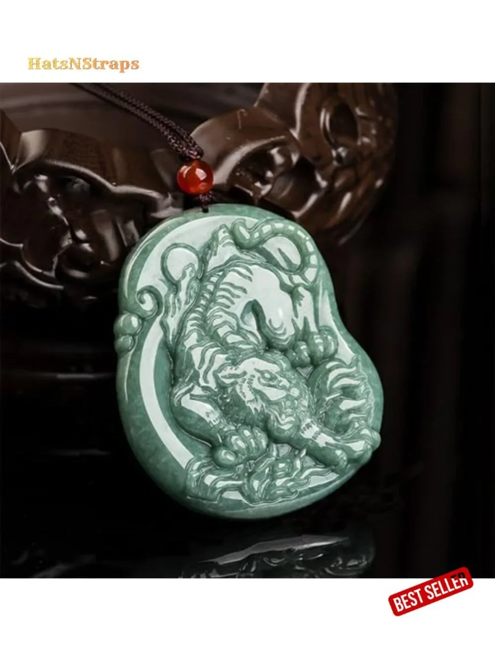 Hand-Carved Tiger Natural Jade Pendant Necklace for Men Women, Zodiac Stone